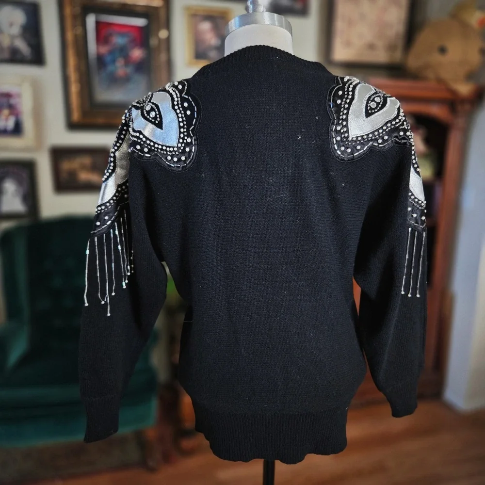 Vintage 80s Black Beaded Fringe Sweater Embellished Shoulder Sparkle Glam Size S